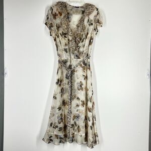 Floral Sheer Dress 10 Neutral Color Ruffled V Neck Toe Waist Lightweight Boho